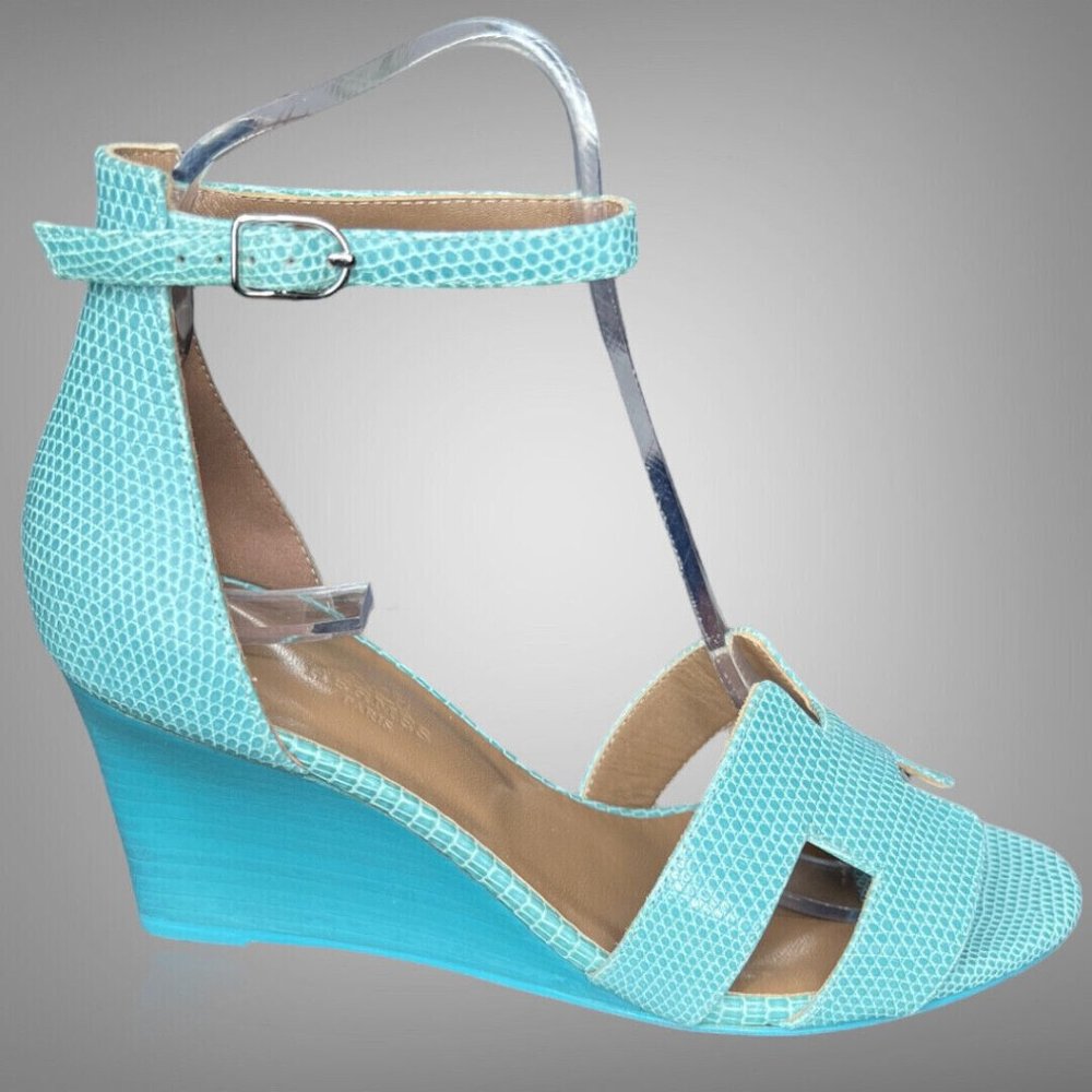 HERMES Legend Sandal Turquoise Lizard Wedge Pumps Shoes Made Italy